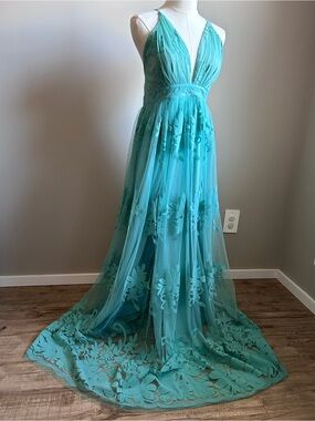 Fairy Teal Floral Embroidered Maxi Dress graduation party photoshoot pretty